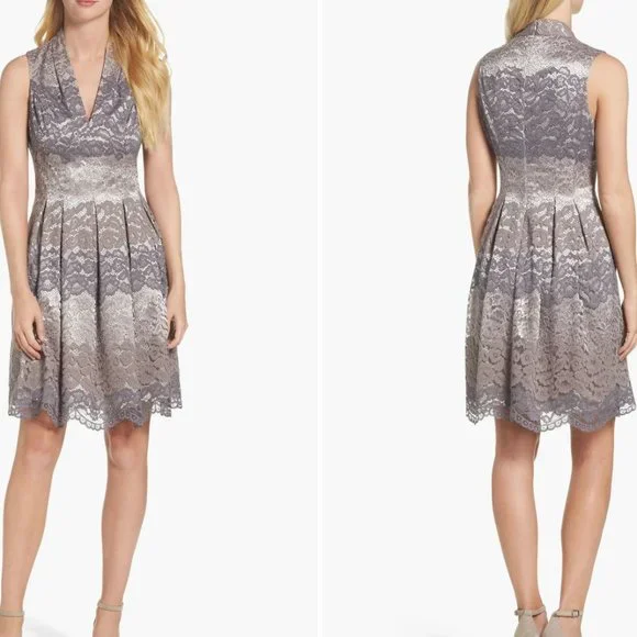 Vince Camuto Lace V-Neck Fit & Flare Dress, Womens, 2, Grey Multi Vince Camuto Lace V-Neck Fit & Flare Dress, Womens, 2, Grey Multi